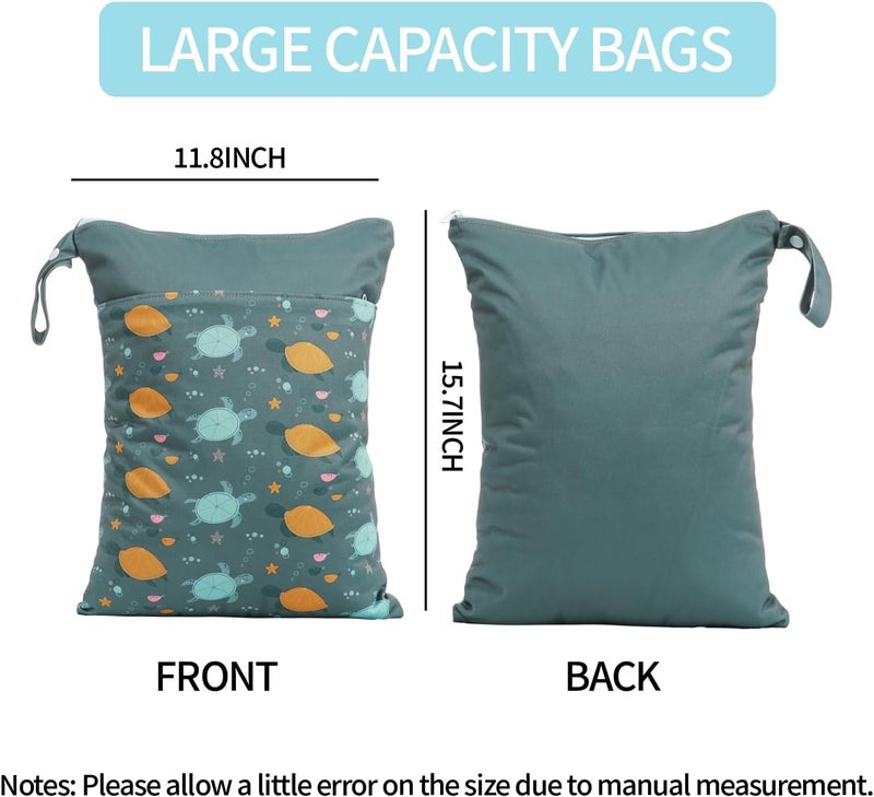 CoolaPeach 2pcs Wet Bags Waterproof Reusable Wet Dry Bag with Two Zippered Pockets Travel Beach Pool Daycare Yoga Gym Bag for Baby Cloth Diaper,Swimsuits,Wet Clothes (Turtles & Seagrass) - Image 2